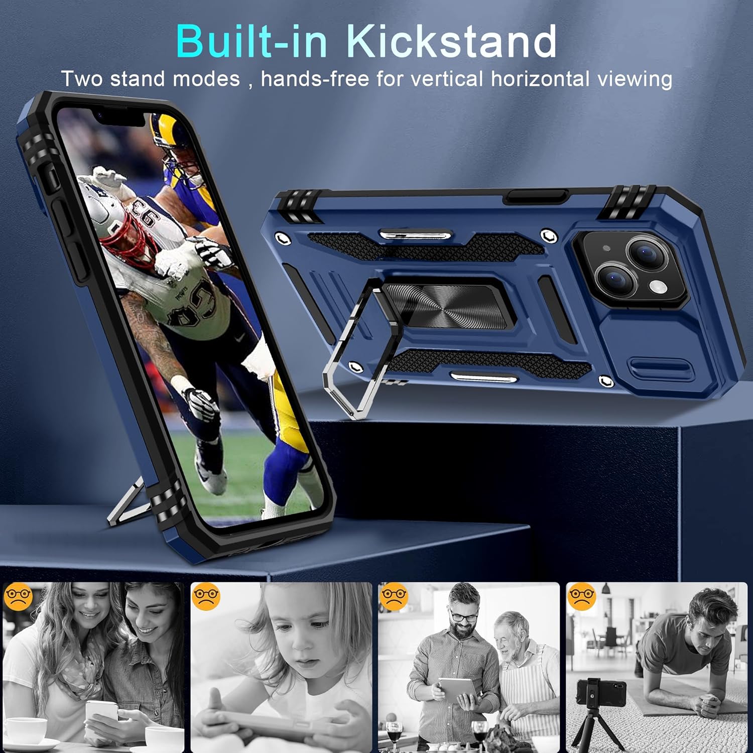 DEERLAMN Case for iPhone 14 Plus with Slide Camera Cover+Screen Protector(1 Pack), Rotated Ring Kickstand Military Grade Shockproof Protective Cover 6.7 Inch-Navy Blue - Image 5