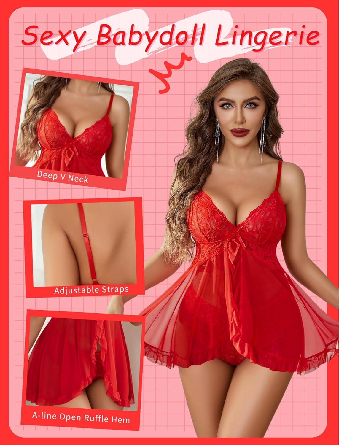 Avidlove Sexy Lingerie for Women Lace Babydoll Lingerie Dress Boudoir Lingerie V-Neck Front Open Ruffle Chemise - Image 4