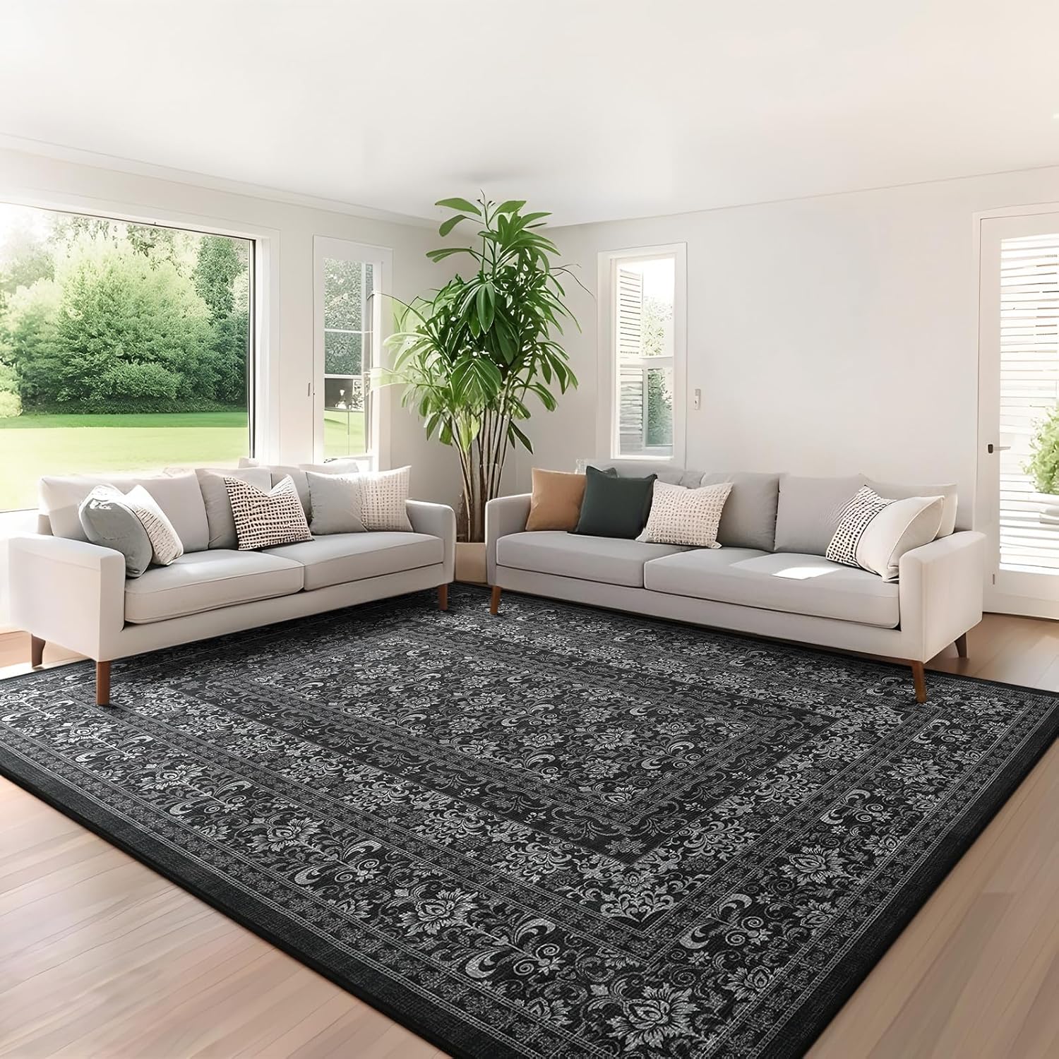 Iridesca 4x6 Black Vintage Washable Area Rug, Accent Indoor Floral Rugs Non Slip Distressed Thin Throw Low Pile Carpet for Living Room Bedroom Dining Room Farmhouse Office