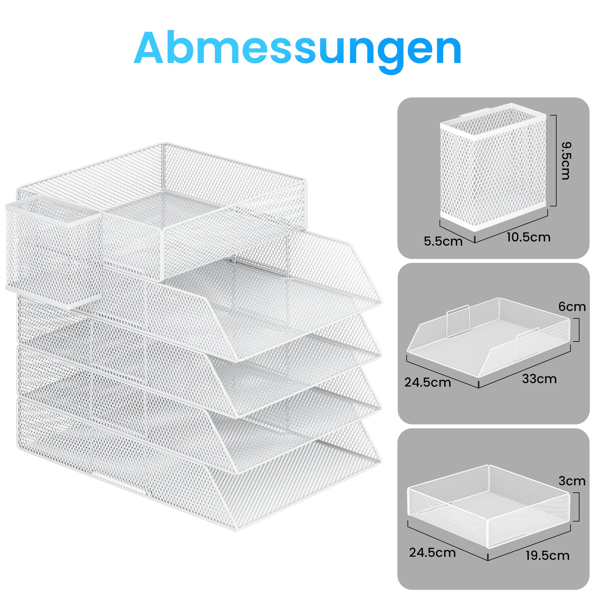 VITVITI Stapelbare Briefablage, Schreibtisch Organizer mit 5 Aktenhalter und 1 Stiftehalter, für A4 Dokument, Büro Organizer aus Metall, Schreibtischablage für Büroablage, Postkörbe (White)