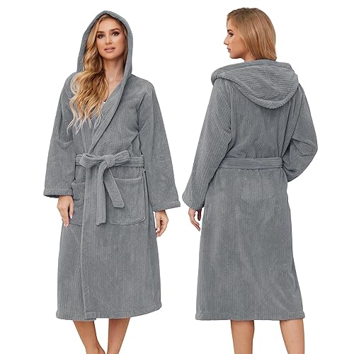 PJGGZ Hooded Bathrobes for Women, Soft Long Towel Robes for Women - Quick Dry yet Warm - Grey - Small-Medium
