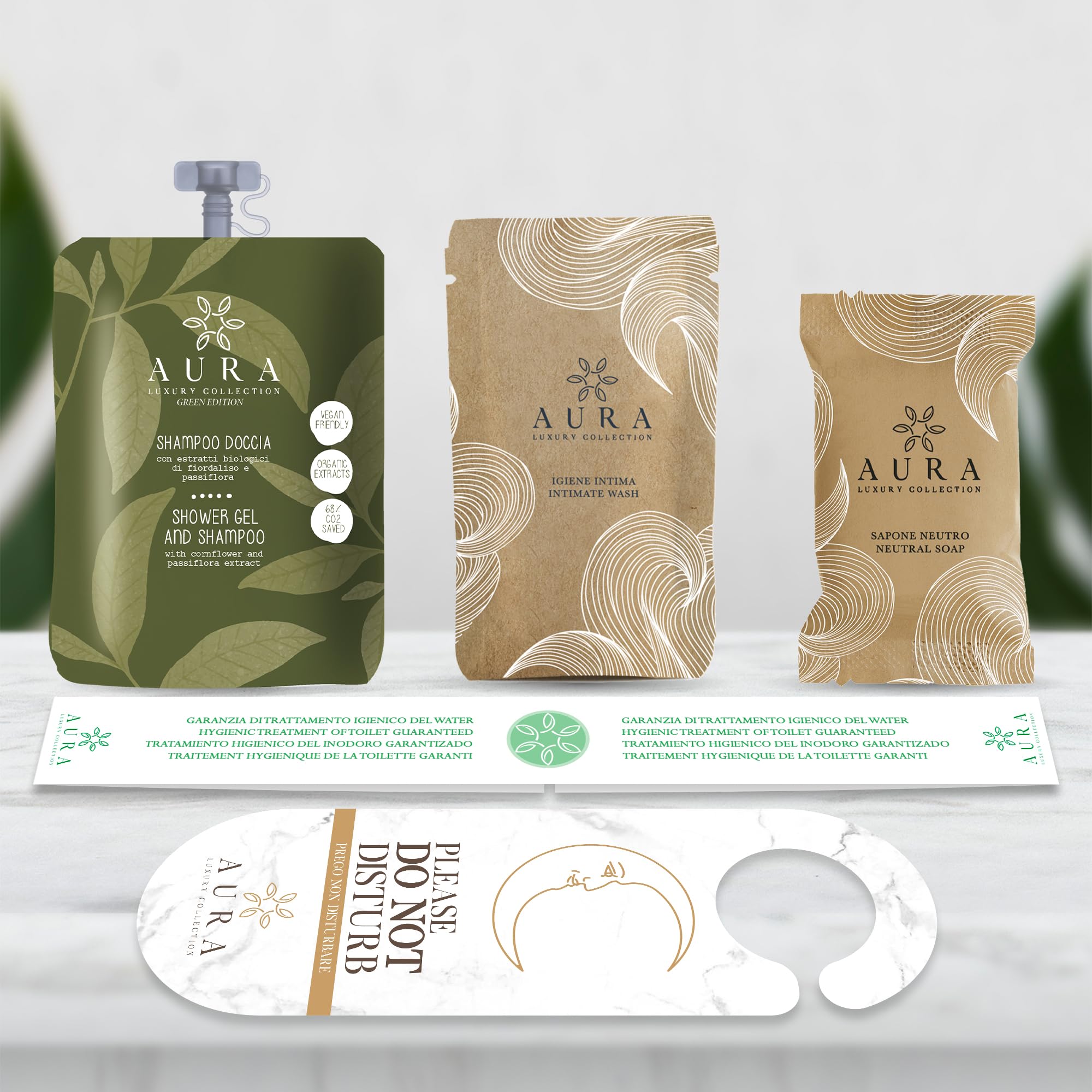 Aura Luxury Collection® Kit de cortesía B&B 150 unidades: 50 bolsitas de champú de 30 ml, 50 bolsitas de higiene íntima de 20 ml, 50 jabones de 20 g + 500 bandas de garantía de higiene para inodoro y