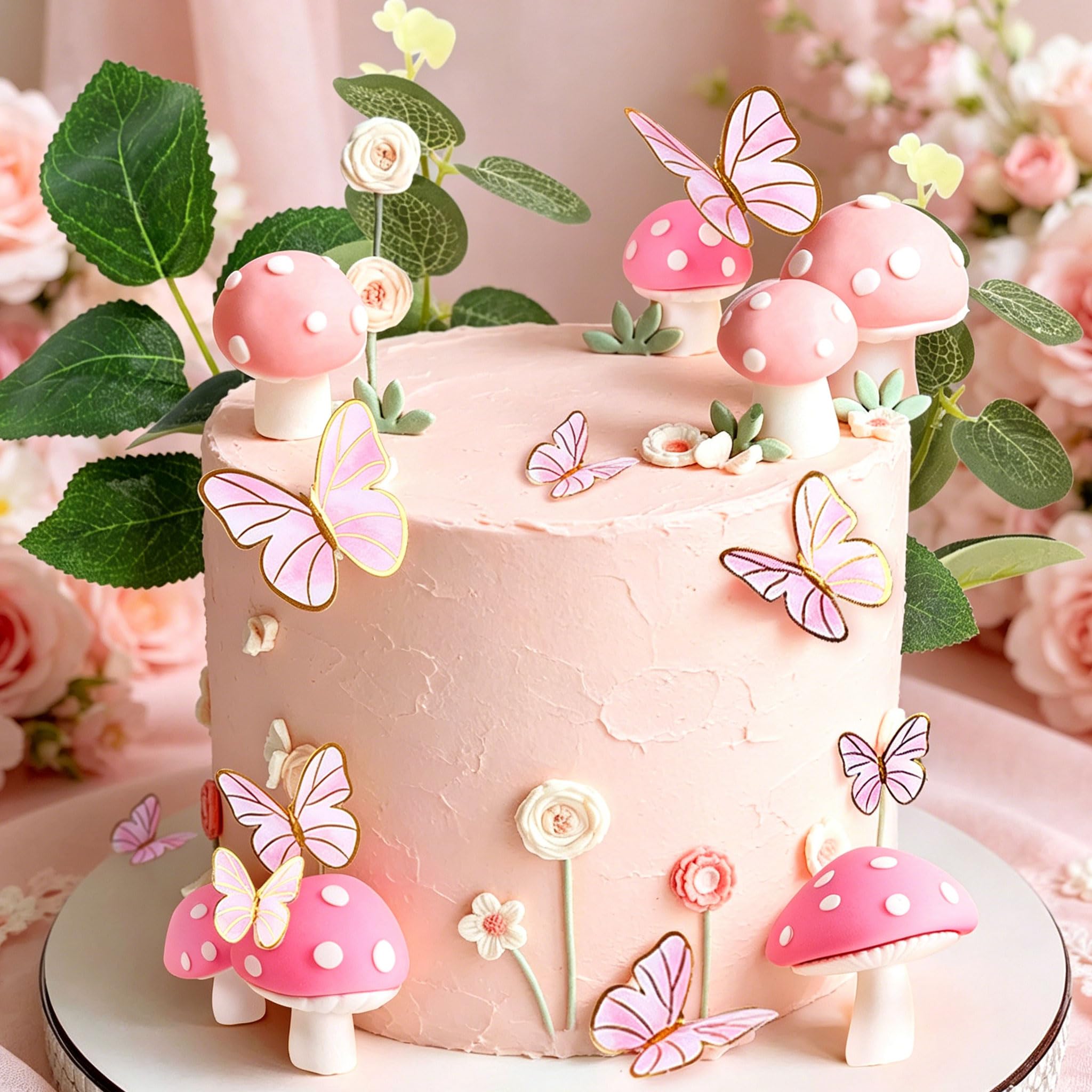 LaVenty Pink Mushroom House Cake Decorations Fairy Mushroom Cake Toppers
