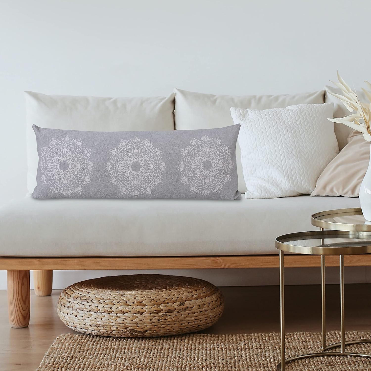 14x36 inches Medallion Lumbar Throw Pillow Cover for Home Decor | Farmhouse Boho Cushion Cover for Throw Pillows | Perfect for Living Room Couch & Bedroom Decorations | Light Gray/White
