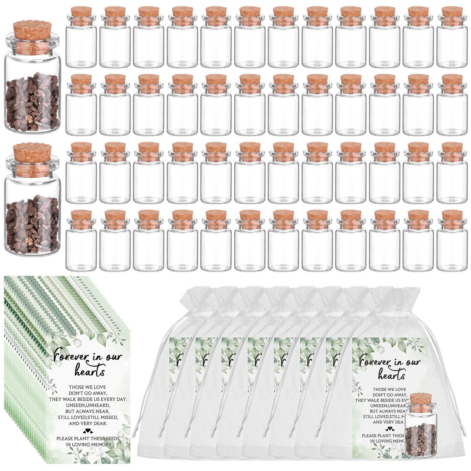 50 Sets Funeral Favours for Guests-50 Memorial Cards 50 Glass Bottles with Cork 50 Organza Bags Funeral Keepsakes for Loss of Loved One Celebration of Life Decorations Memorial Service