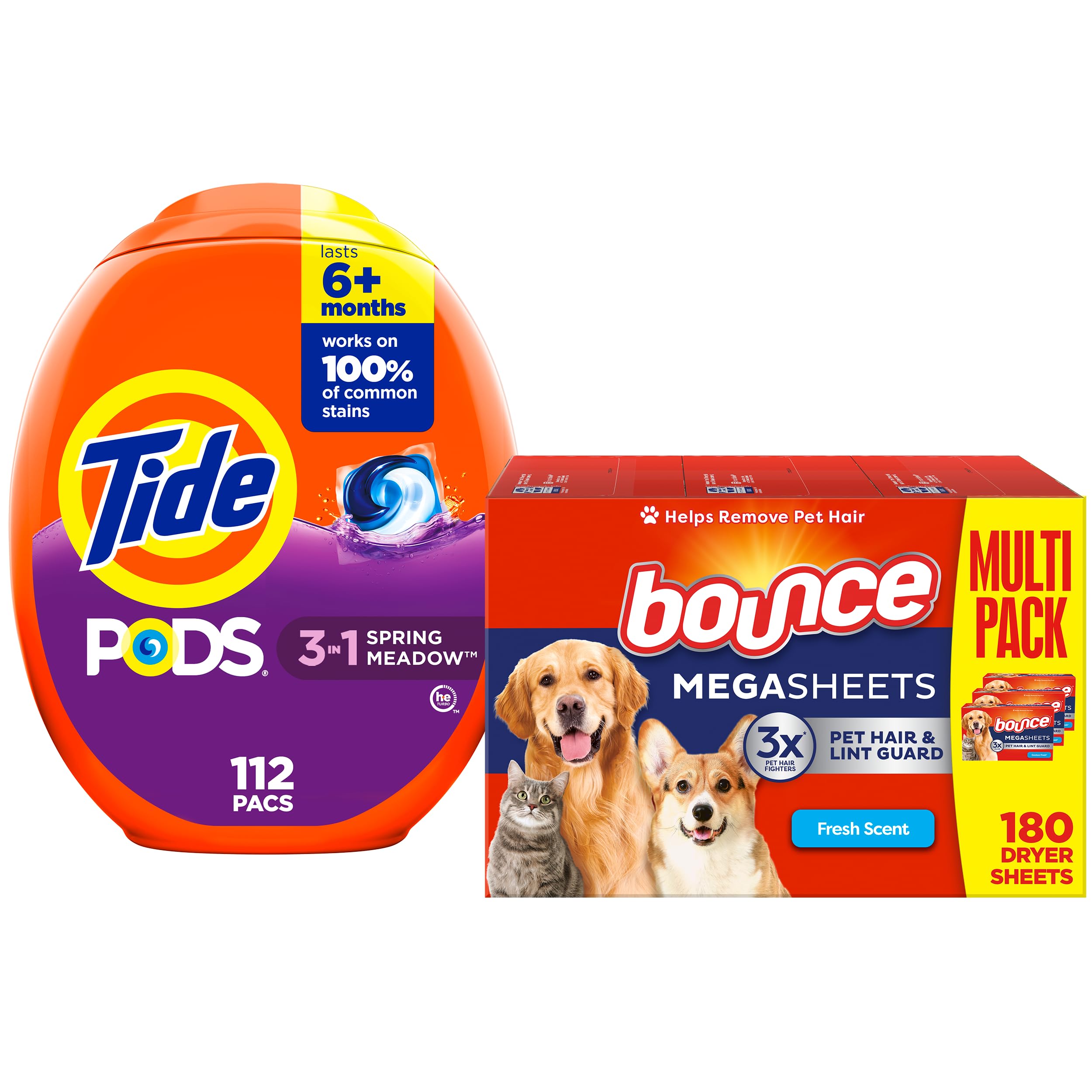 Pet Hair Bundle Tide PODS Laundry Detergent Soap Pods Spring Meadow Scent 112 count Bounce Pet Hair and