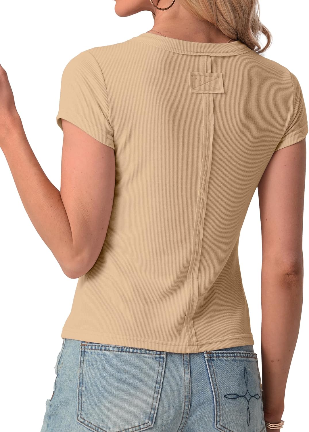 IWOLLENCE Women's Casual Ribbed Knit Short Sleeve Tops Crewneck Button Down Shirt Slim Fit Y2K People Cardigan Tops Apricot, 2XL - Image 4