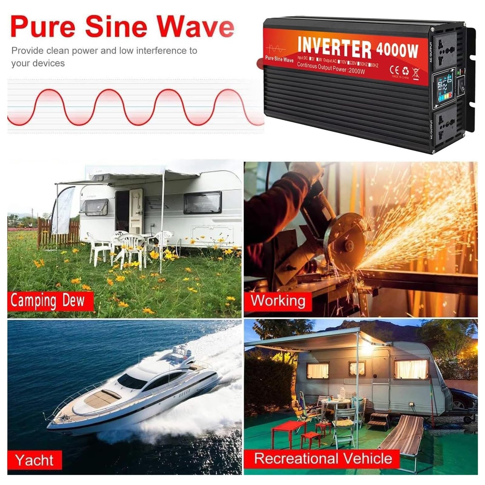 Inverter Solare, Convertitore Per Auto, Inverter A Onda Sinusoidale Pura | Prese Ca E Display Lcd, Inverter 48V Cc A Ca A Onda Sinusoidale Pura, Inverter Collegabili In Parallelo(4000W)