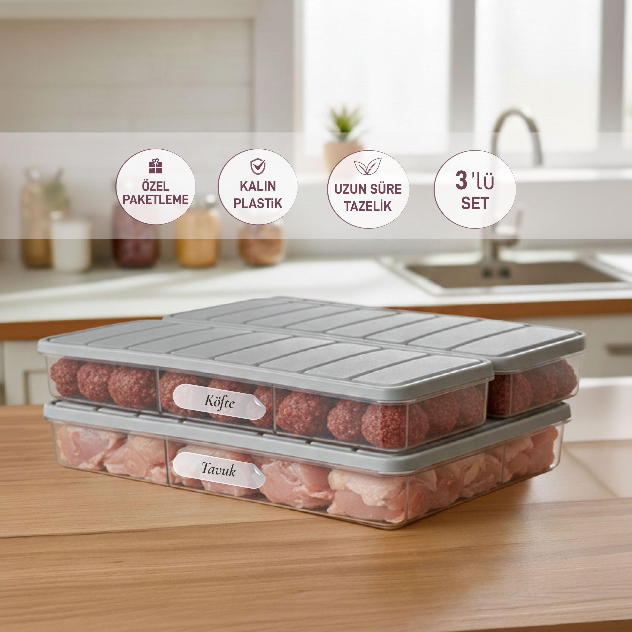 Selka Home - Nora 3'lü 1 Büyük + 2 Küçük Boy Açık Gri Saklama Kabı