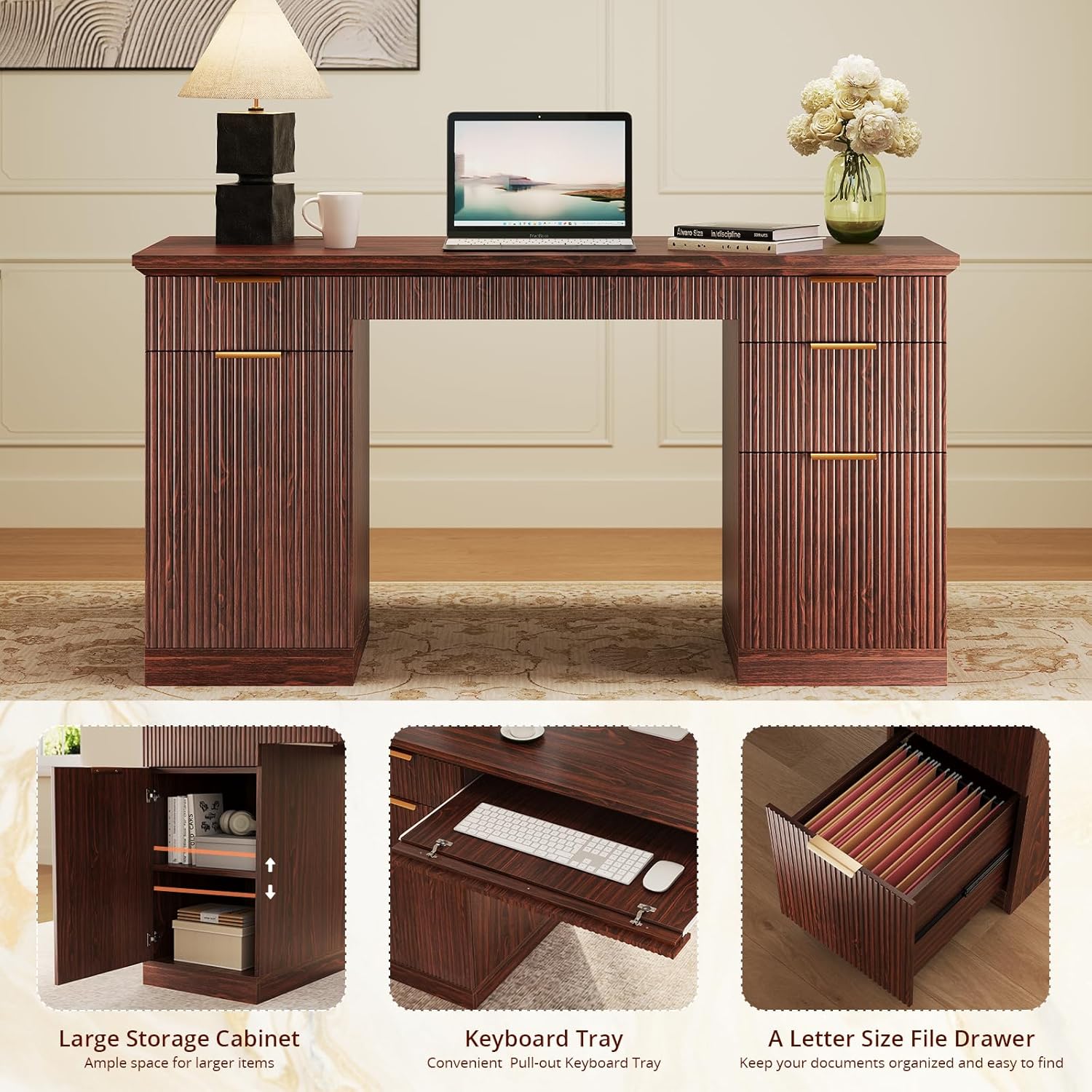 FURSUN 58" Fluted Modern Desk with Storage, Home Office Desk with 1 File Cabinet & 5 Drawers, Wood Executive Computer Writing Desk for Study, Living Room, Bedroom, Dark Walnut