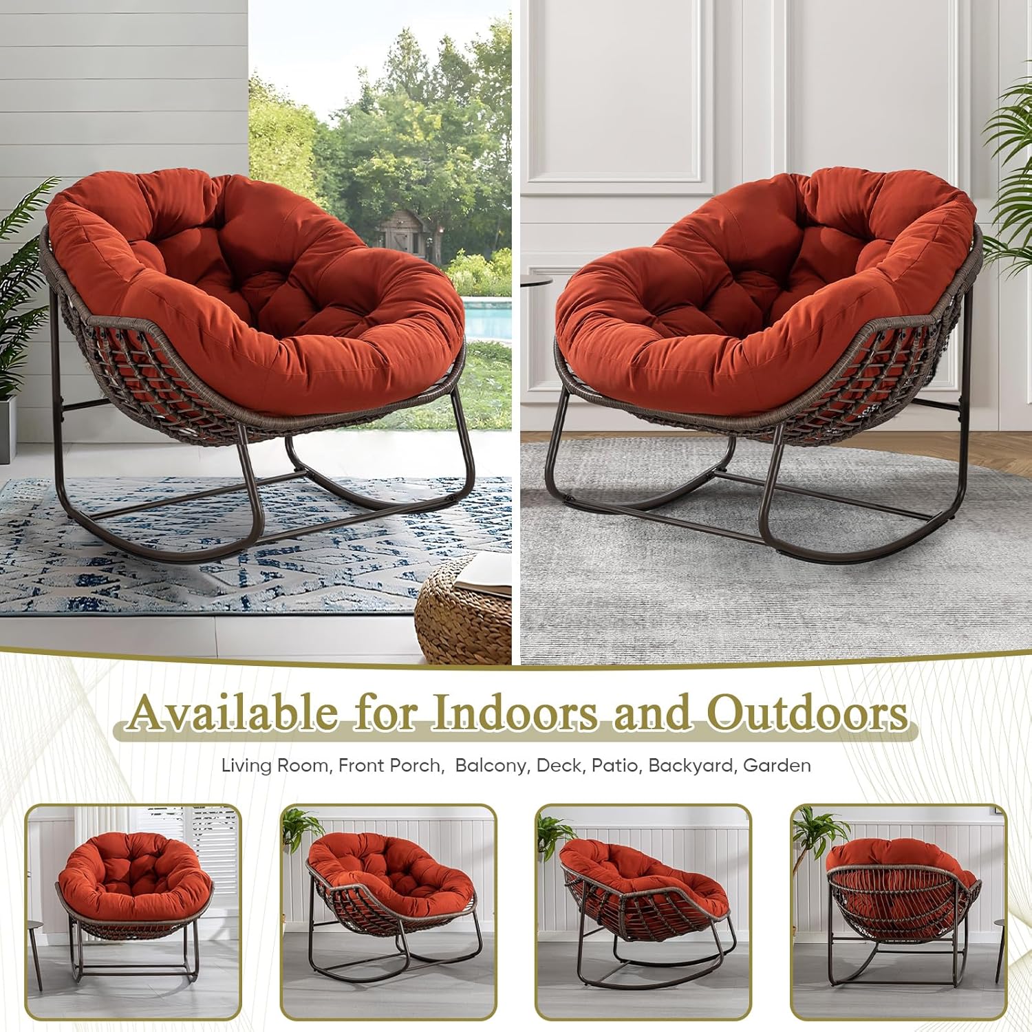 Antetek Outdoor Patio Rocking Chair, Comfy Wicker Egg Chair with Padded Cushion, Oversized Rocker for Indoor & Outside, Modern Lounge Chair for Front Porch, Balcony, Garden, Lawn, Living Room, Orange