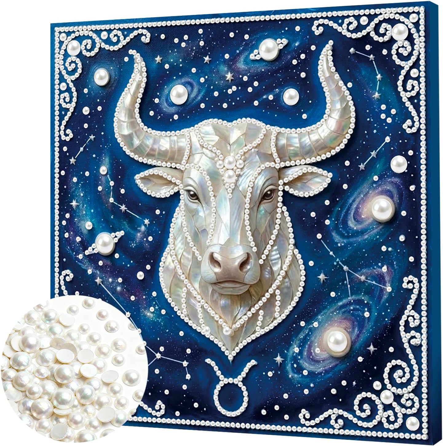 DIY Taurus Constellation Pearl Diamond Art Painting Kit for Adults Beginners Gift Idea Home Wall Decor Pearl Gem Paintings Picture Arts Craft 25x25cm with Frame