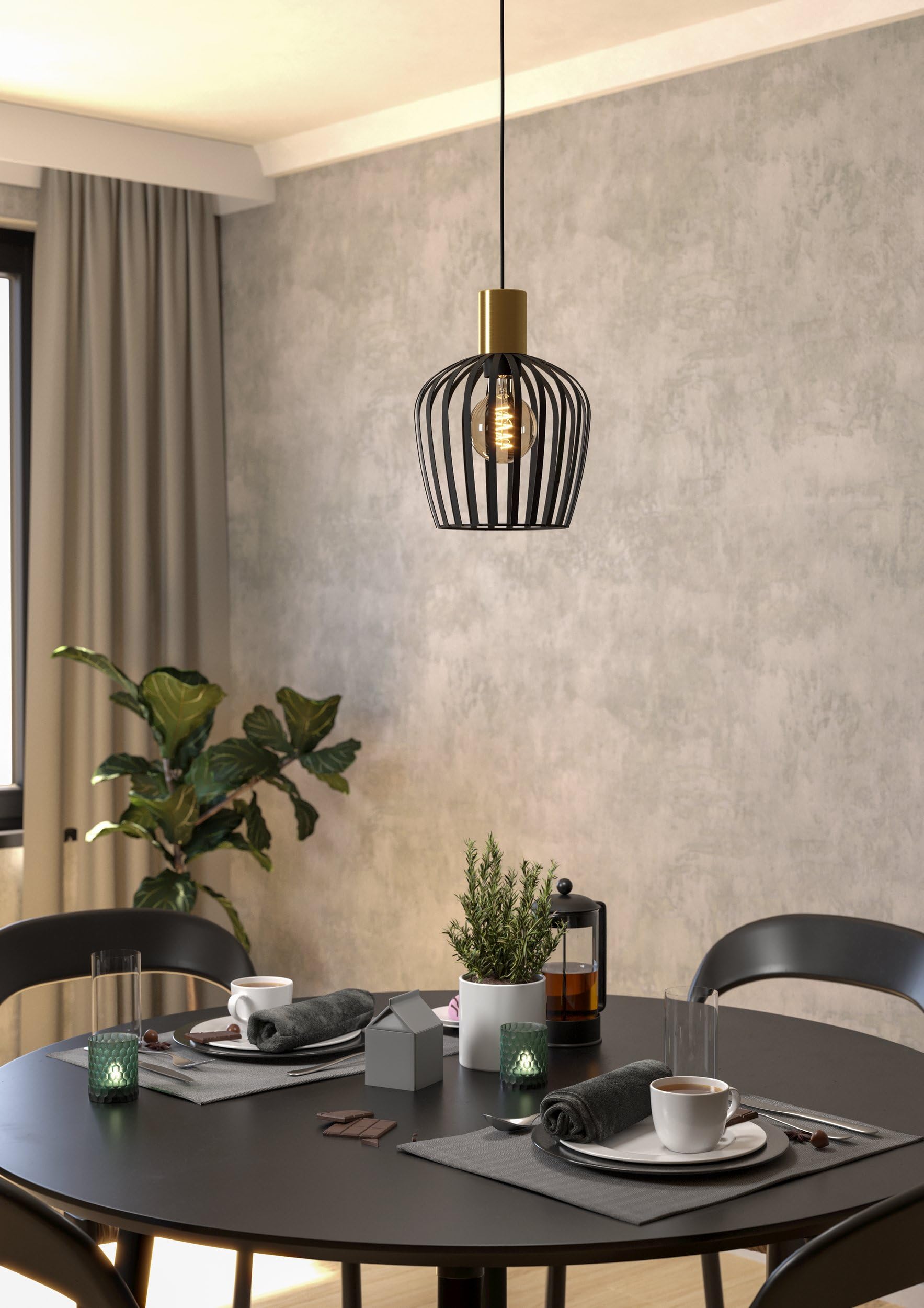 Eglo Empoli Lampadario a 1 luce per il tavolo | da pranzo, lampada a sospensione per sala da pranzo, design rétro, in metallo nero e ottone, lampadario con attacco E27