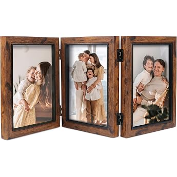 3 Picture Frames 13 x 18 cm Collage Brown with Hinged Triple Foldable Frame Table Top Desk Display Gift for Mother Friend