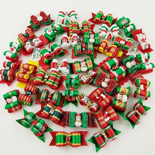 Miniatura 7 de Hixixi Paquete de 50 lazos para el pelo con diamantes de imitación 3D de Navidad para perros, cachorros, gatos, con bandas de goma, accesorios de