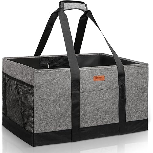 MHOMER Reusable Grocery Bags Extra Waterproof Large Utility Tote Bag with Carrying Handles Foldable Shopping Bags for Storage Space Saving Reinforced Bottom Durable Oxford Fabric Grey