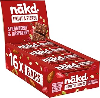 – Nakd Strawberry & Raspberry Fruit & Fibre Bar - Vegan - Gluten Free - Healthy Snack, 44g (Pack of 16 bars)