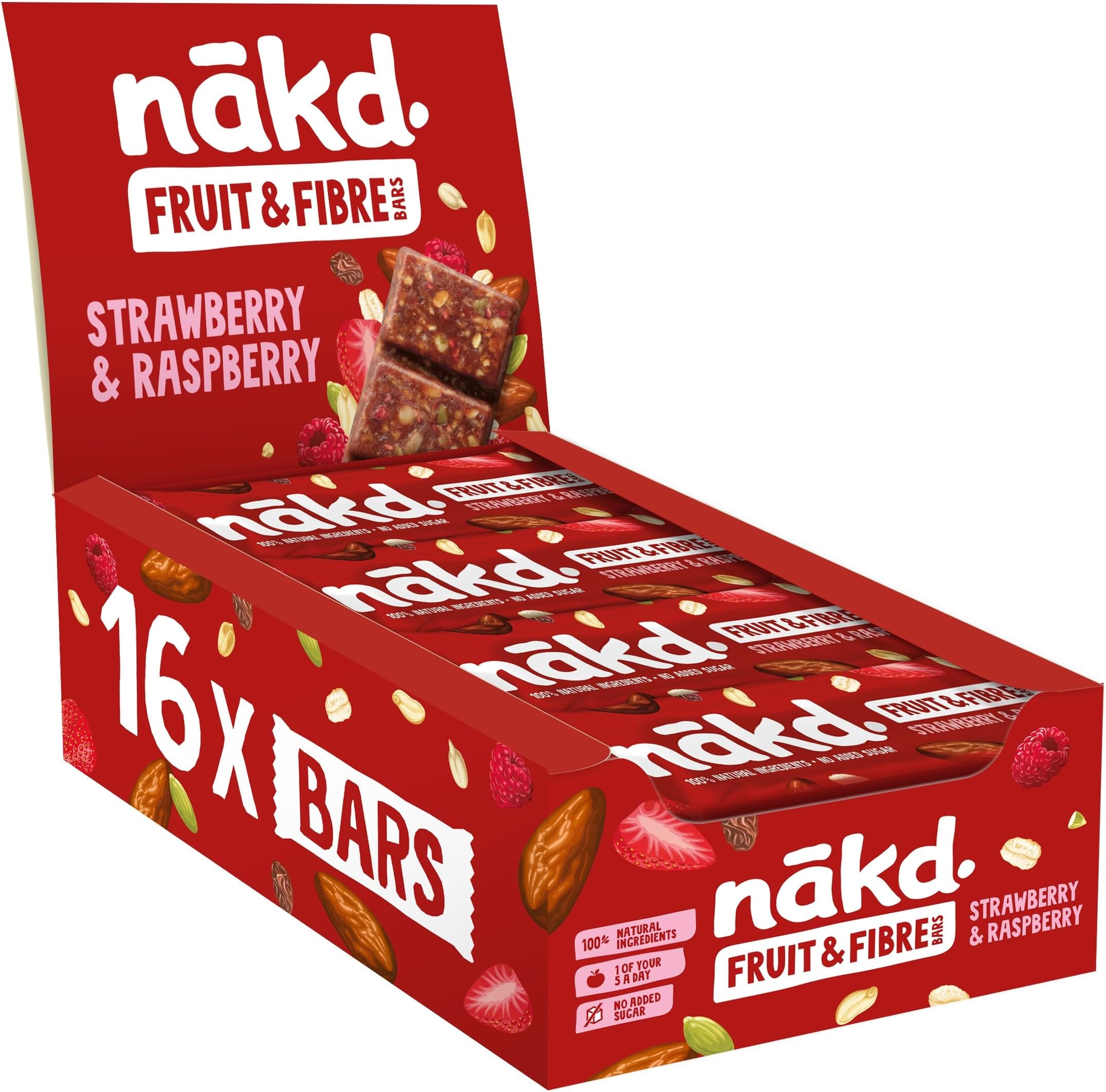 nakd. Fruit & Fibre bars - Strawberry & Raspberry - High in fibre - 100% Natural ingredients - No added sugar - Vegan - 16 x 44g bars - 704g