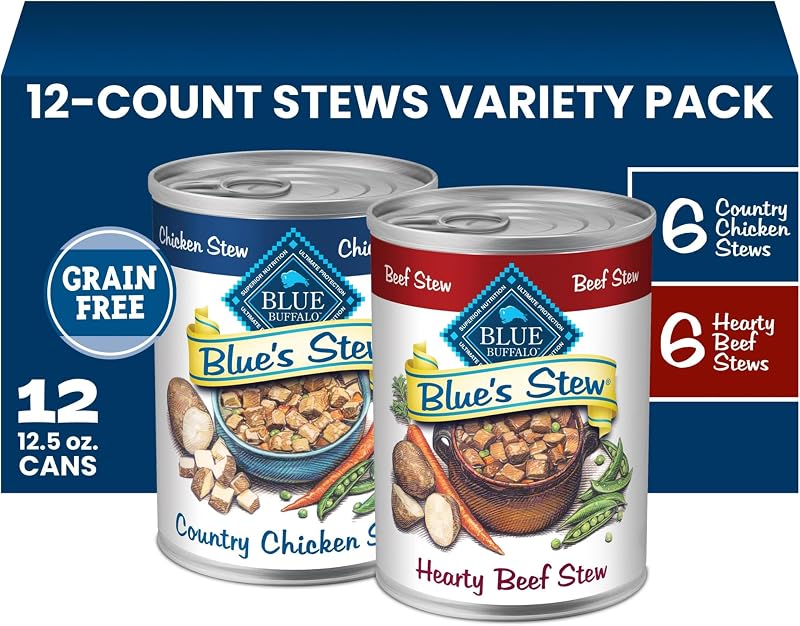 Blue Buffalo Blue's Stew Paquete variado de alimento húmedo para perros adultos, 12.5 oz, 12 unidades | Recetas abundantes de pollo campestre y carne de res sin cereales, en salsa, sin maíz, trigo ni soja