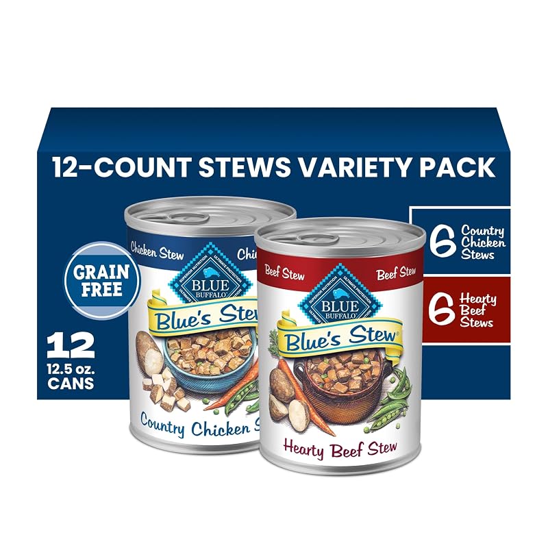 Ração úmida para cães adultos Blue Buffalo Blue's Stew, sabores frango e carne bovina, 12 latas de 350 g