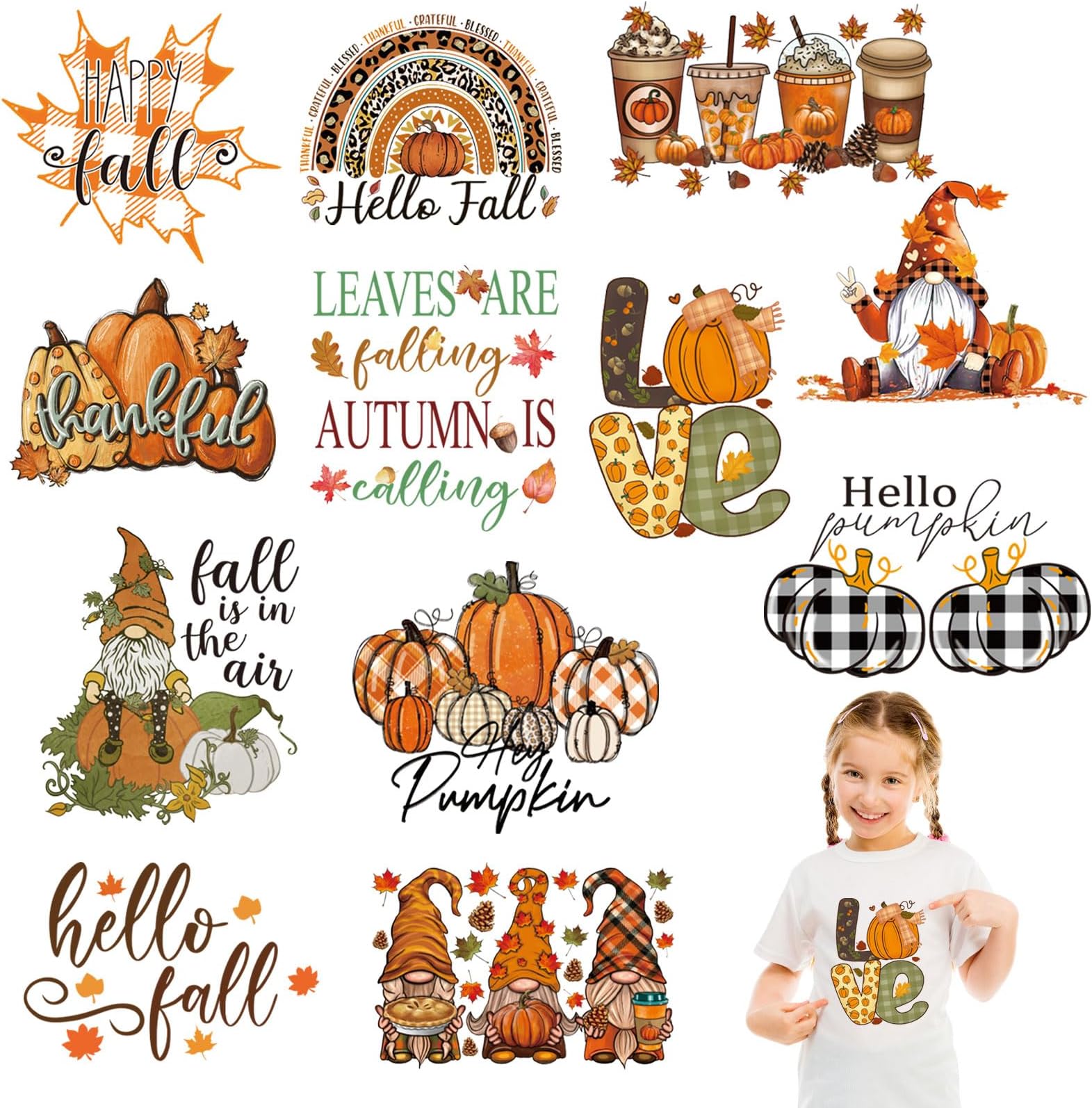 12 Sheets Fall Dtf Transfers Ready to Press,Fall Iron On Transfers for T-Shirts,Fall Heat Transfers Vinyl Pumpkin Gnome HTV Vinyl Iron on Decals for Clothes Pillow Hoodie DIY Crafts