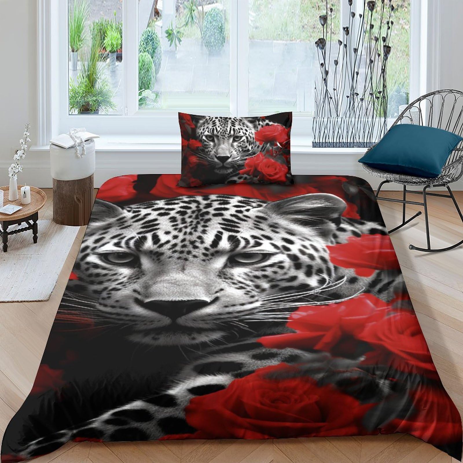 Parure housse de couette imprimé léopard parure de couette 3D fleurs linge de lit adulte enfant