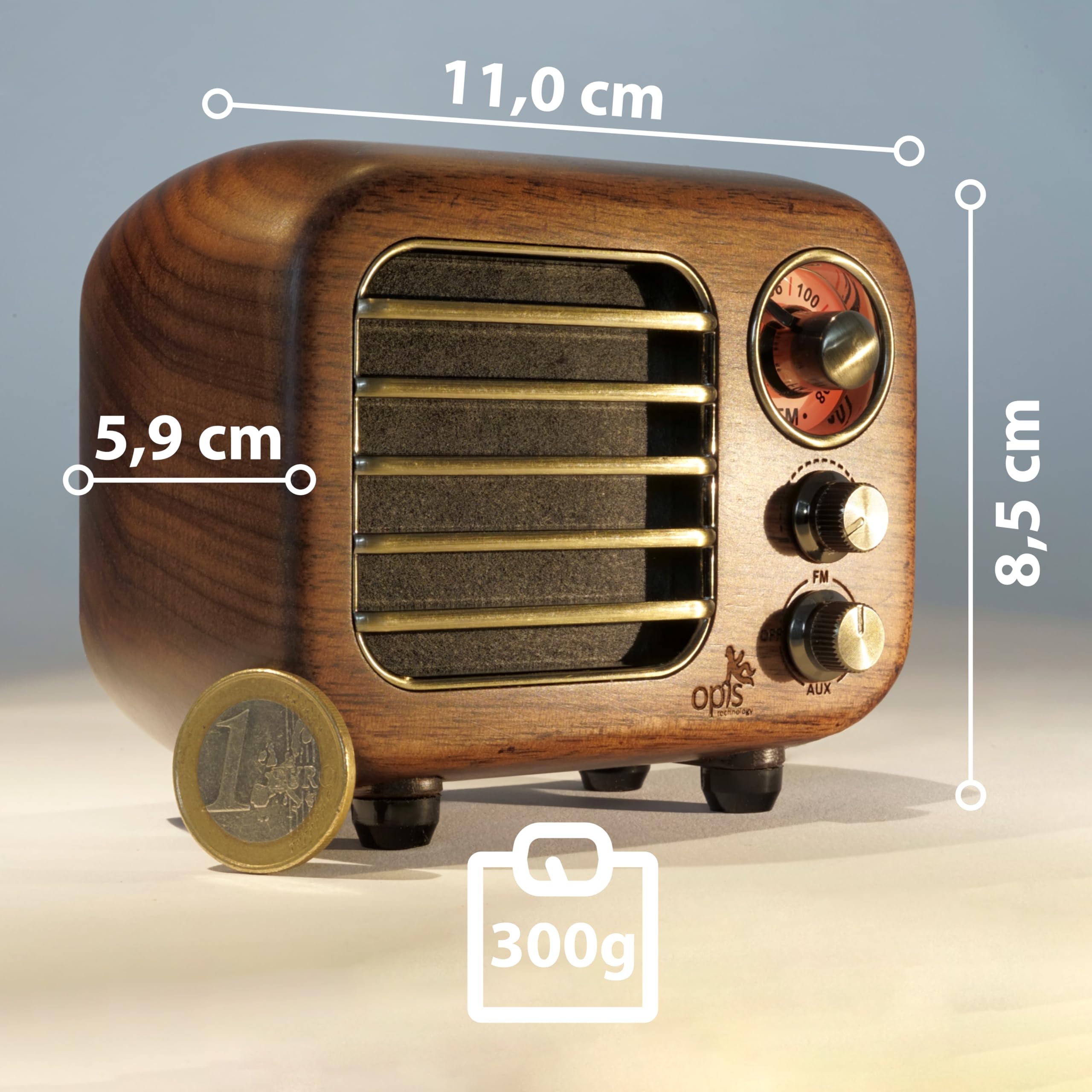 Opis Radio 3 – Petite Radio Portable Rechargeable, dotée de FM et Bluetooth, idéale pour la Maison et Le Chantier, au Style d'un Ancien Poste Radio en Bois (Merisier)
