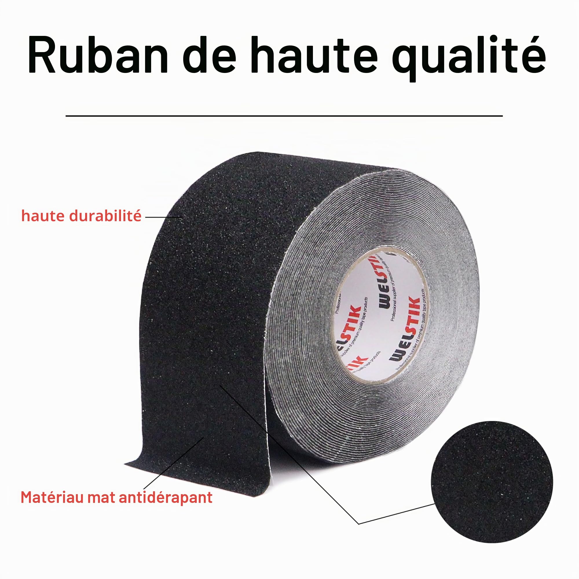 WELSTIK Ruban adhésif antidérapant avec autocollant, 100 mm x 20 m - Bande adhésive antidérapante pour escaliers et marches - Adhésif à haute traction pour intérieur et extérieur - Imperméable - Noir
