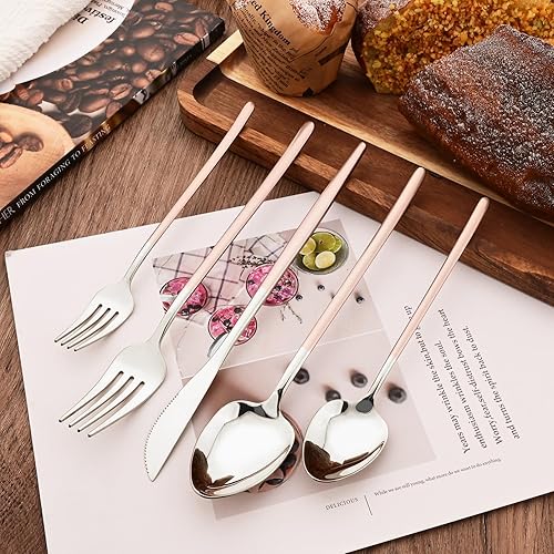 Miniatura 10 de Juego de cubiertos de plata y rojo brillante, 40 piezas para 8, juego de cubiertos de acero inoxidable 1810, vajilla pulida con espejo, incluye