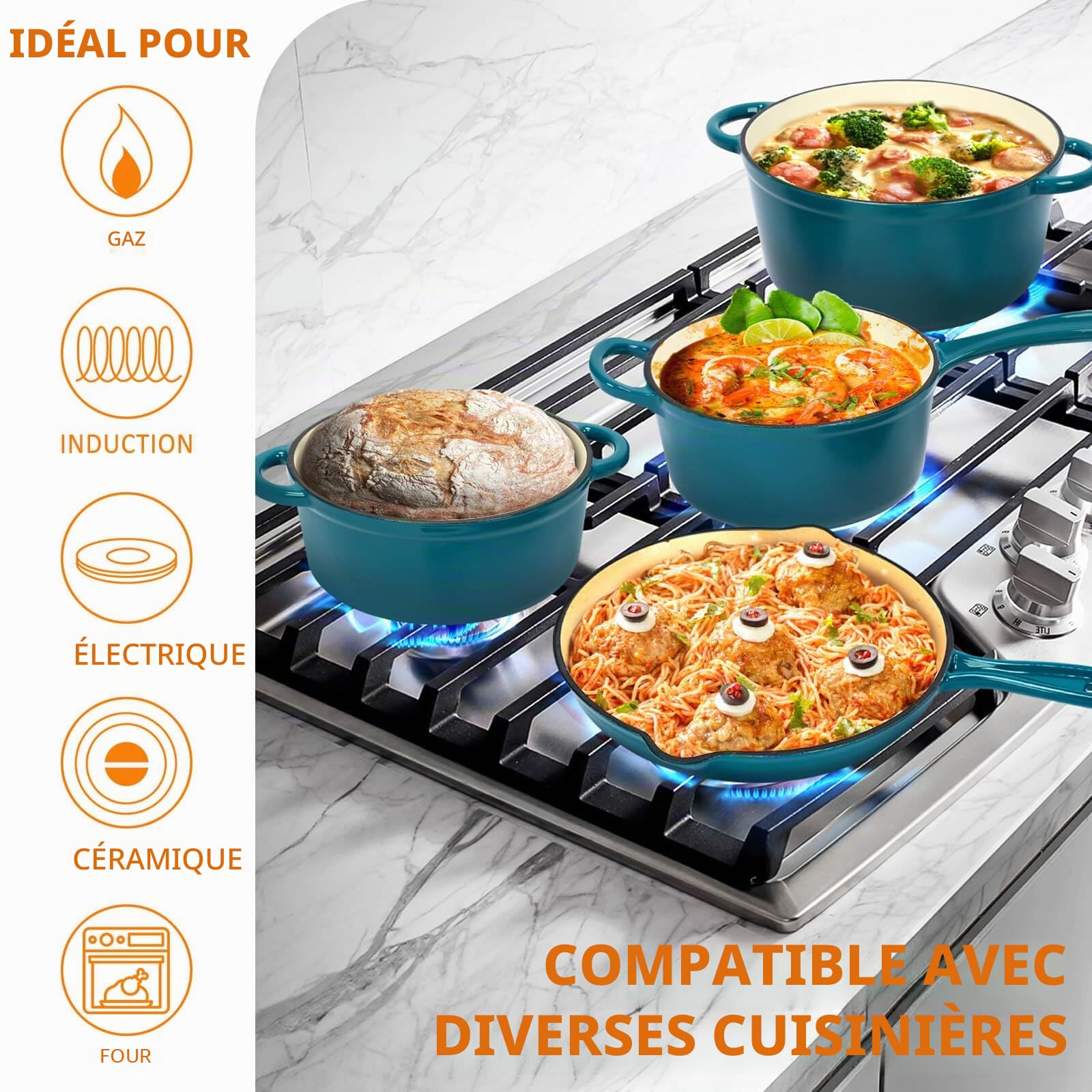 Denmay Lot de 7 casseroles en fonte émaillée avec couvercle, anti-adhésives, tous feux et induction, ensemble d'ustensiles de cuisine avec organisateur, cyan