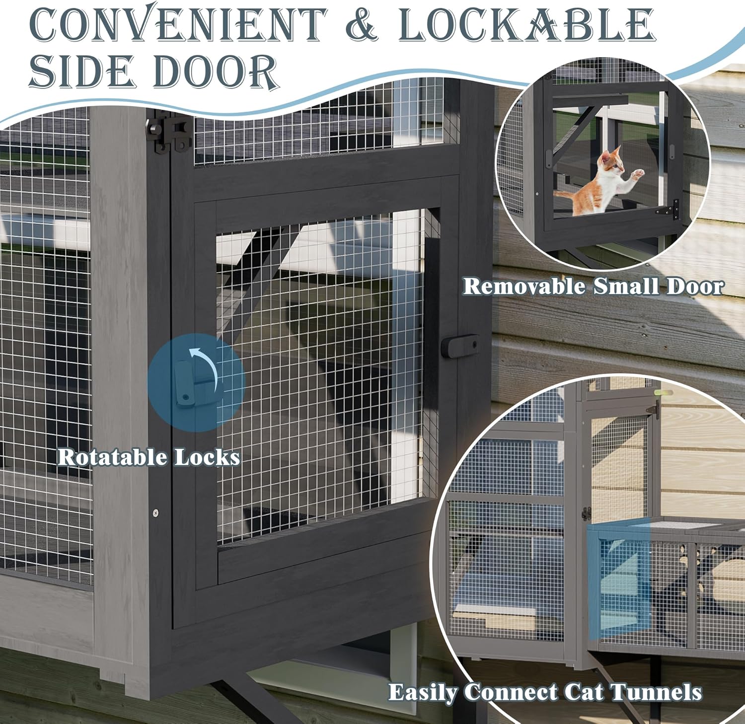 Large Catio Cat Window Box, Outdoor Cats Window Perch Enclosure for Indoor Cats with 4 Jump Platforms & 4 Doors, Kitten Cat Patio House Connected with Tunnels, All Weather Use (Gray)