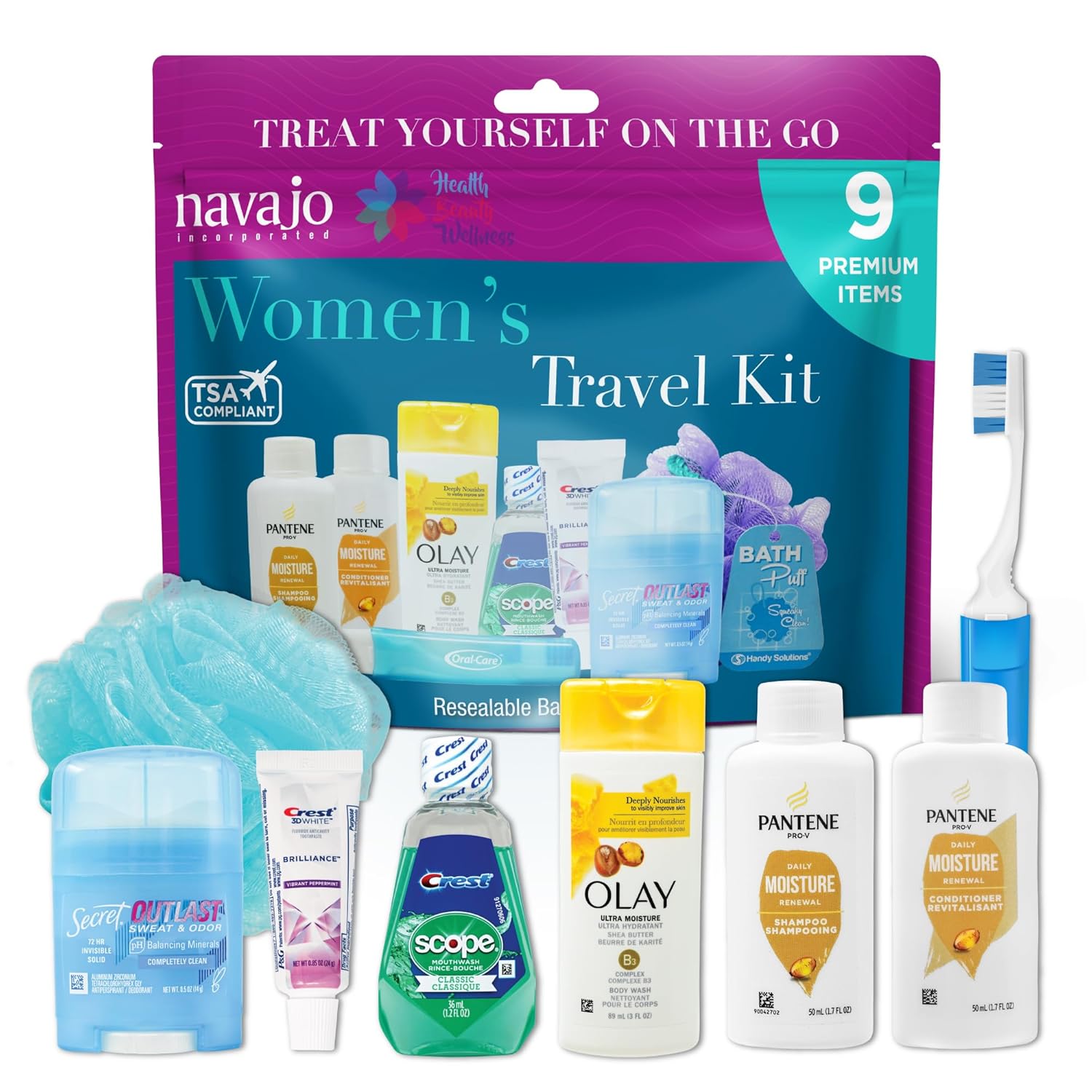 HandySolutions 9-Piece TSA-Compliant Women's Travel Kit: Pantene, Crest, Olay Essentials in Resealable Bag