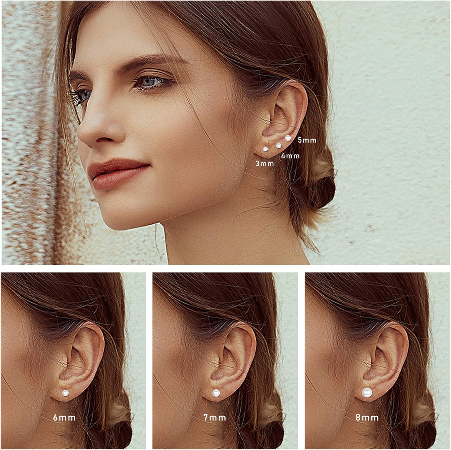 Jstyle 12Pairs Stainless Steel Round Clear Cubic Zirconia Pearl Stud Earring for Women CZ Earrings 3-8MM - Image 2