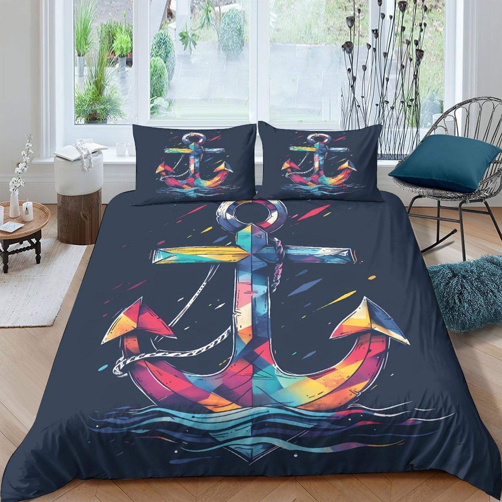 Ctjqhvkz Style-7 3D Printed Colorful Anchor Fitted Sheet Microfiber Soft Breathable Nautical Ocean Mattress Cover For Bedroom Home Single（135X200cm）