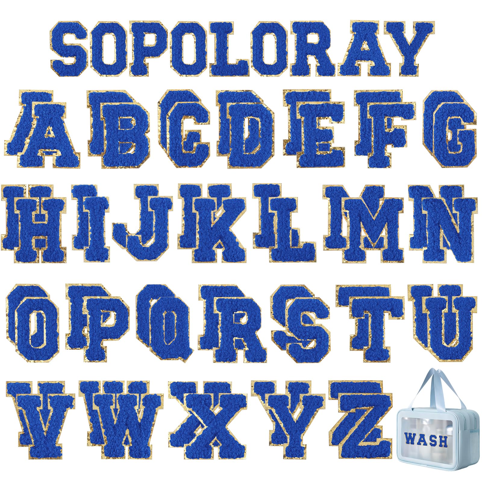 52 Pcs Self-Adhesive Chenille Letter Patches A to Z, Blue Iron-On Alphabet Applique Stickers for DIY Clothing, Backpacks, Hats, Shoes, Jackets & CraftsApplique