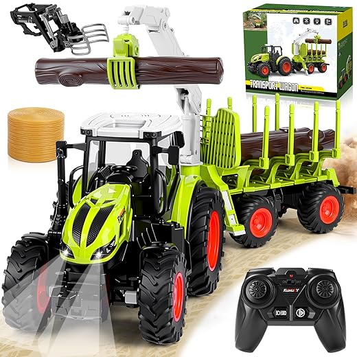 RC Remote Control Tractor for Children, Remote Control Tractor from 3 to 4 Years, Farm Toy Tractors with Trailer, Wood Grapples, Front Loader, Hay Boot and 4 Tree Trunks, Gift