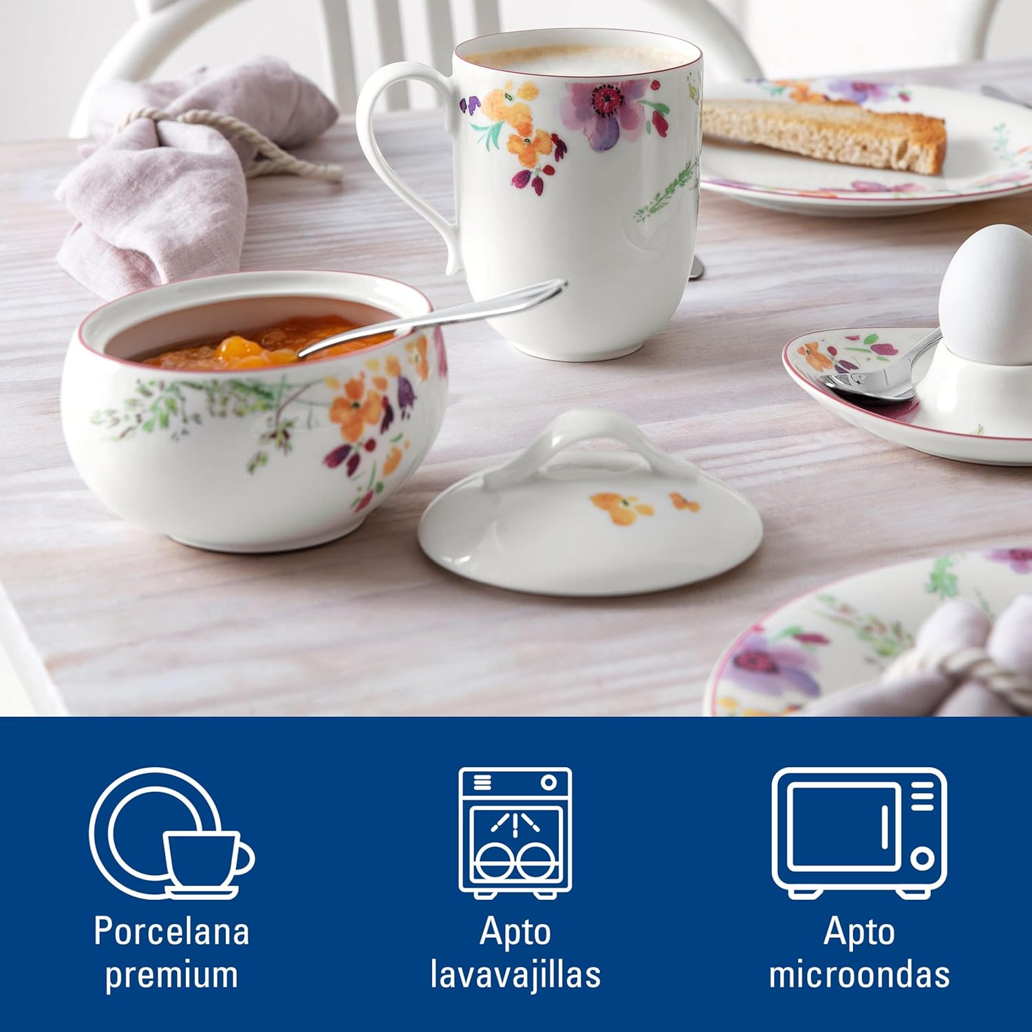 Villeroy & Boch Mariefleur Basic Covered Sugar, 15.25 oz, Premium Porcelain, White/Multicolored