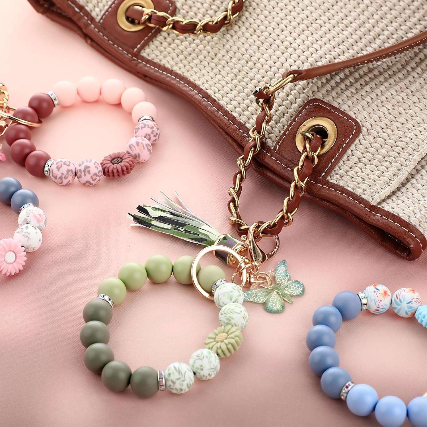 Cute Silicone Beaded Keychain,Key Chain Holder for Car Keys Women Girl,Daisy Silicone Key Wristlet Resin Butterfly - Image 7