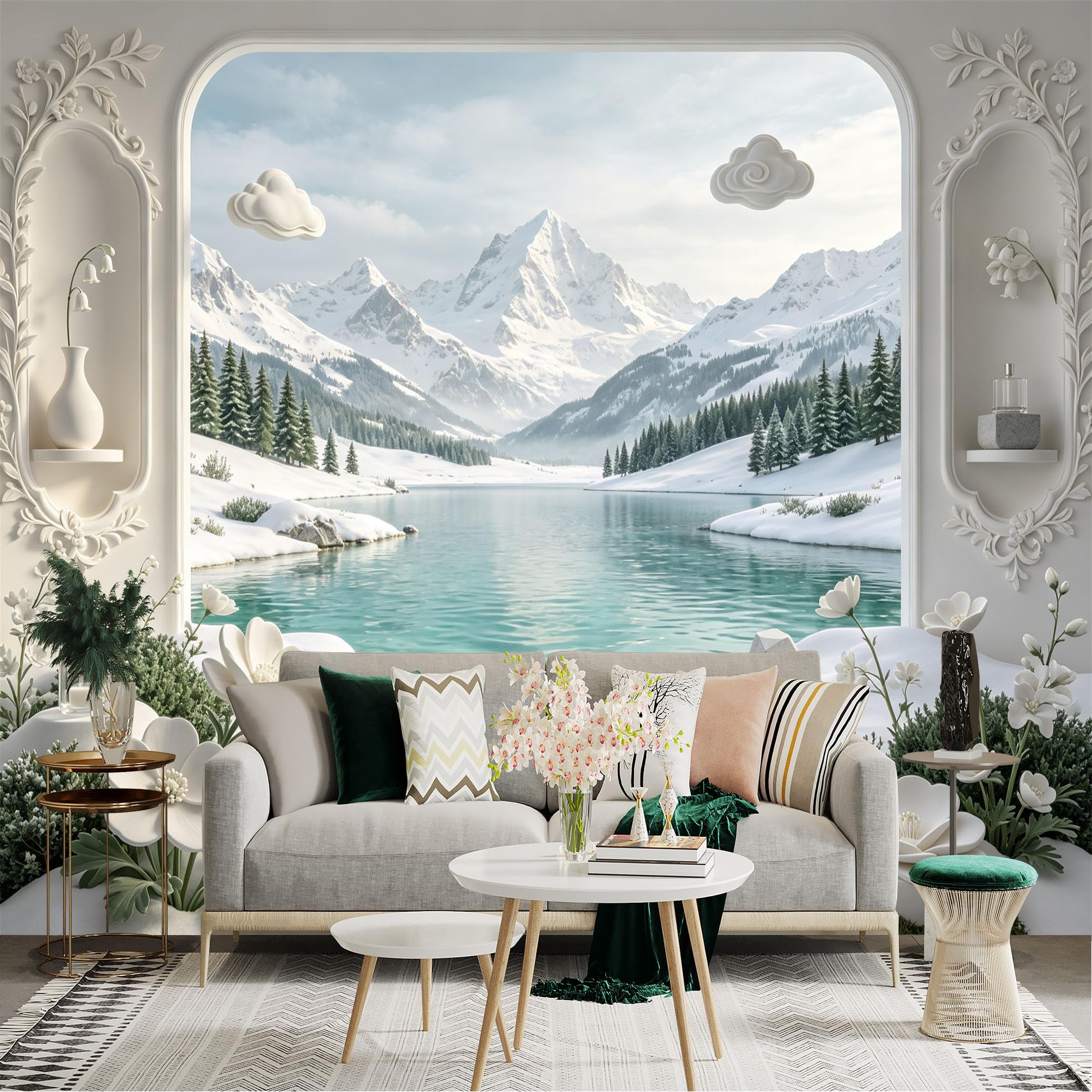 Lnzczhyre Bh260719104 Custom Size Wall Sticker Mural， Snowy Mountain Lake View， White Floral Archway， Winter Landscape， For Wall Decoration， Peelandstick Wall Decals.