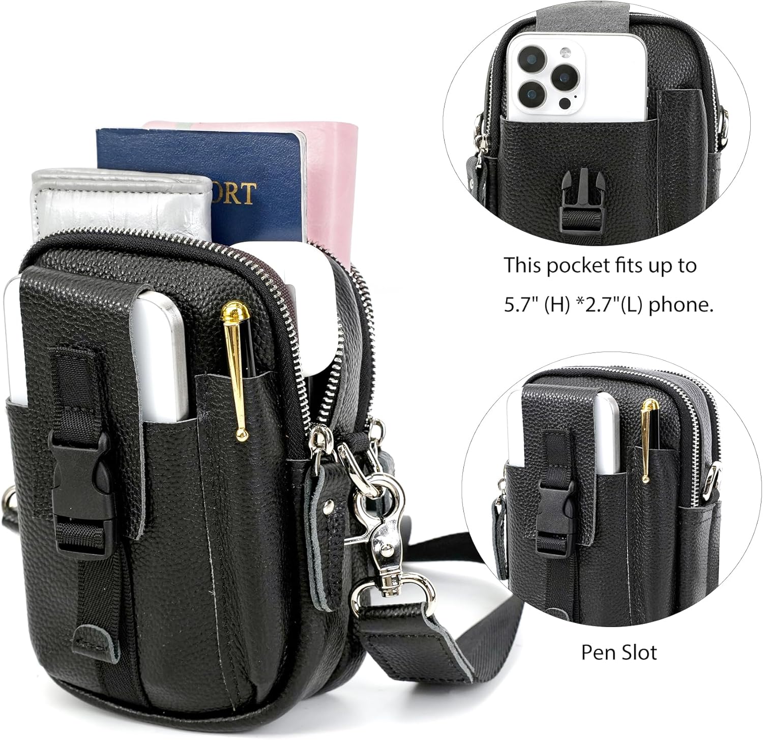 LANNSYNE Small Leather Messenger Bag, 3-in-1 Crossbody Shoulder Bag & Waist Belt Pouch, Sling Purse for Travel Business