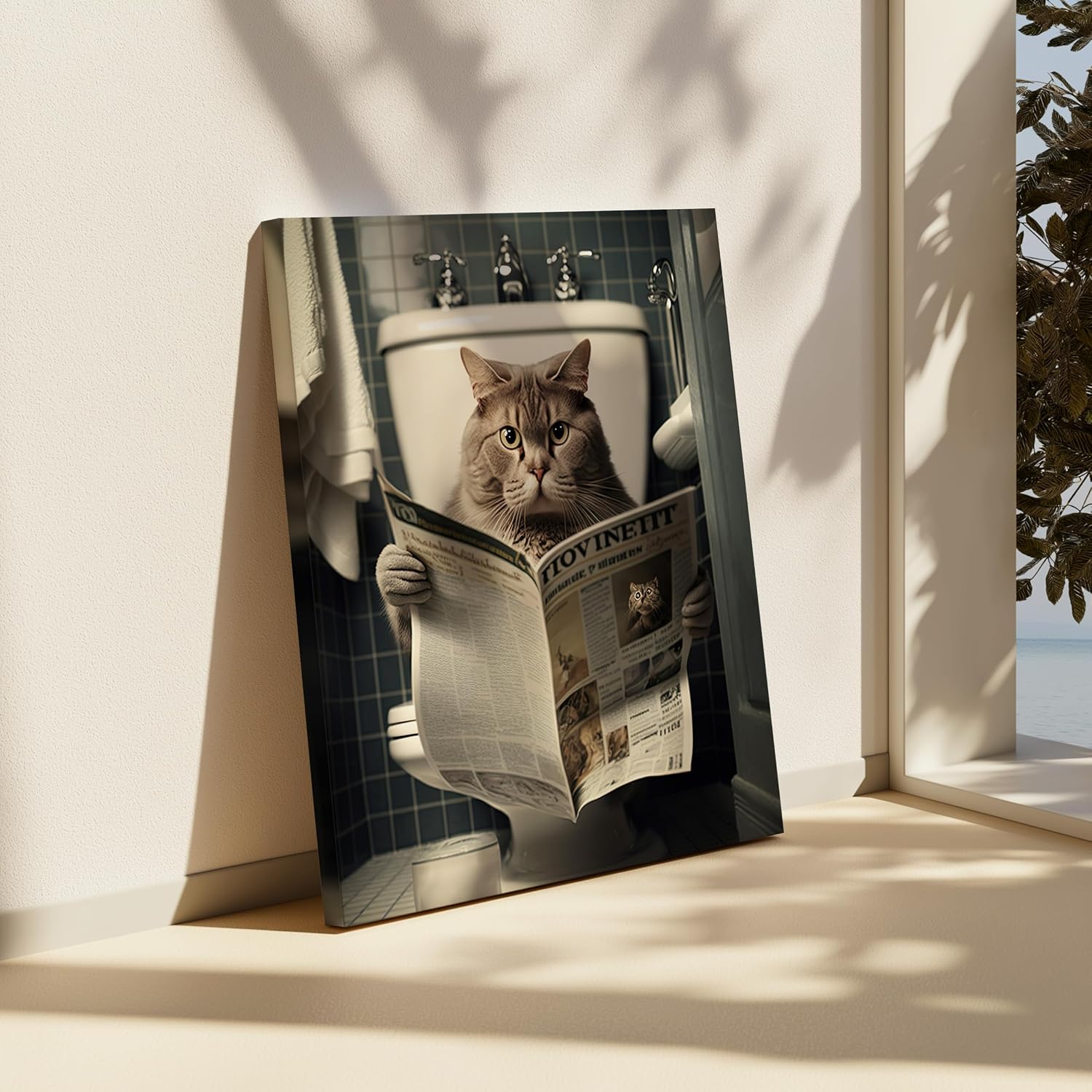 Poster Master Cat Sitting on Toilet Canvas - Cat Reading a Newspaper Print - Animal Wall Art - Funny Kitty Bathroom Decor - Humorous Guest Bath Decor - Restroom Sign - 8x10 STRETCHED Canvas