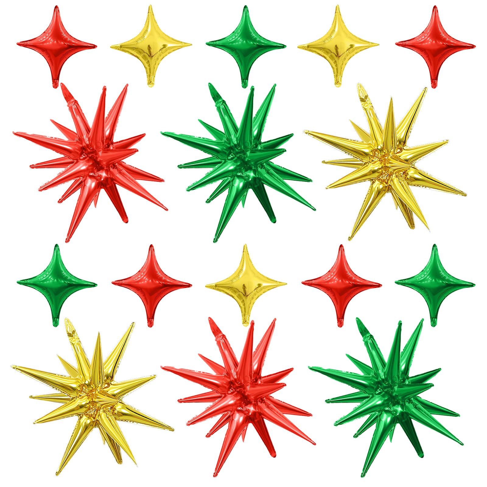 Red Green Gold Star Balloons,6Pcs 22Inch Explosion Star Balloons and 10Pcs 10Inch Four Angle Balloon Kit for Christmas Birthday Anniversary Party