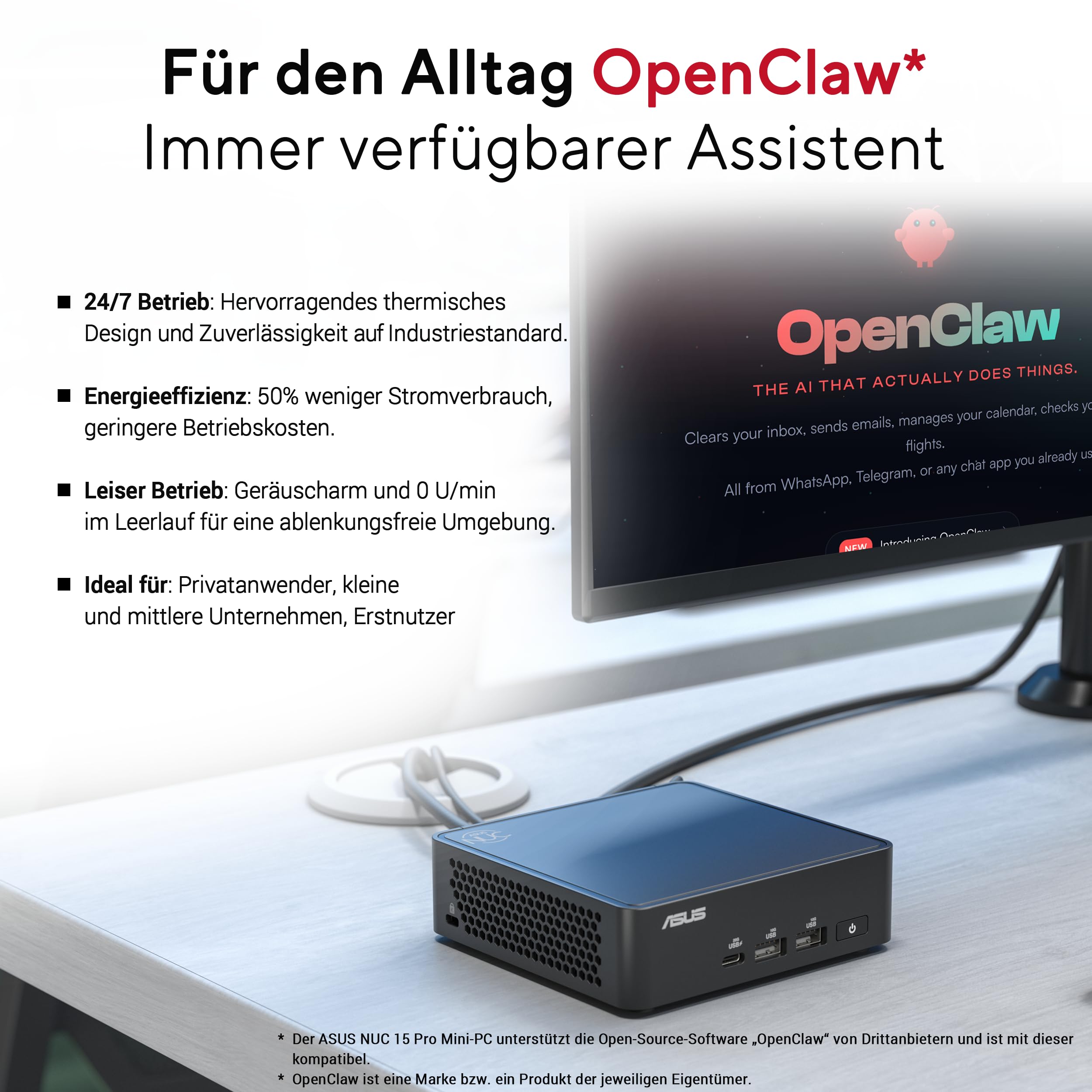 ASUS NUC 15 Pro Slim Kit RNUC15CRKU500002 (Intel Core i5 Ultra Prozessor, Arc Grafik, WiFi 7, Bluetooth 5.4, ohne Betriebssystem, mit EU-Netzkabel)