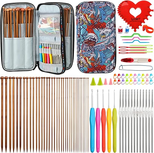 LOOEN - Kits de tejer, juego de agujas de suéter de bambú rectas de un solo punto con fabricantes de puntadas de bloqueo, agujas romas de ojo