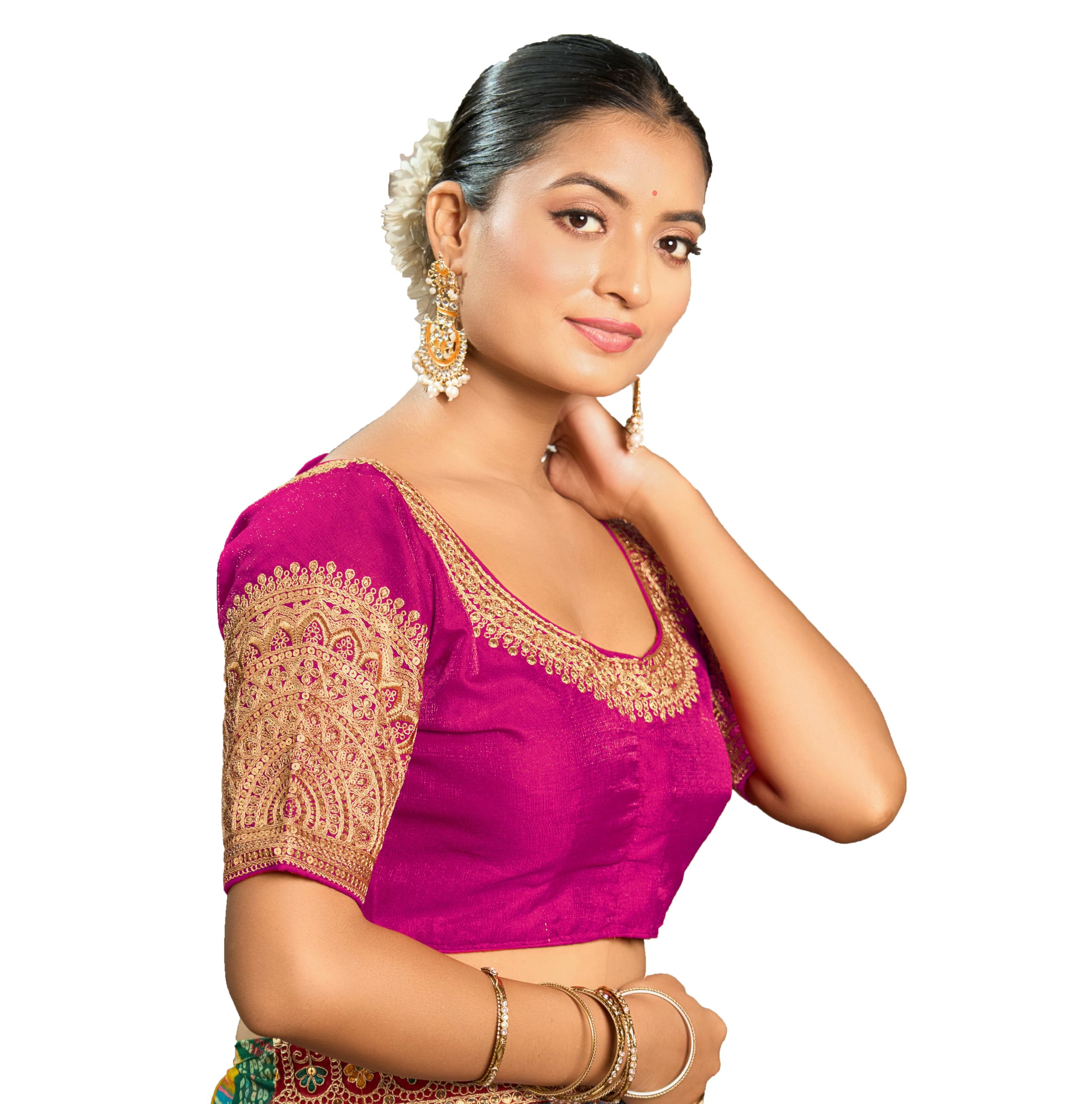 Pujia Mills Women's Readymade Blouse Embroidery Multi Coding Dull Golden Sequence Work Indian Ethnic Designer Stitched Readymade Saree Half Sleeve Pink Blouse For Women For Saree Lehenga Choli