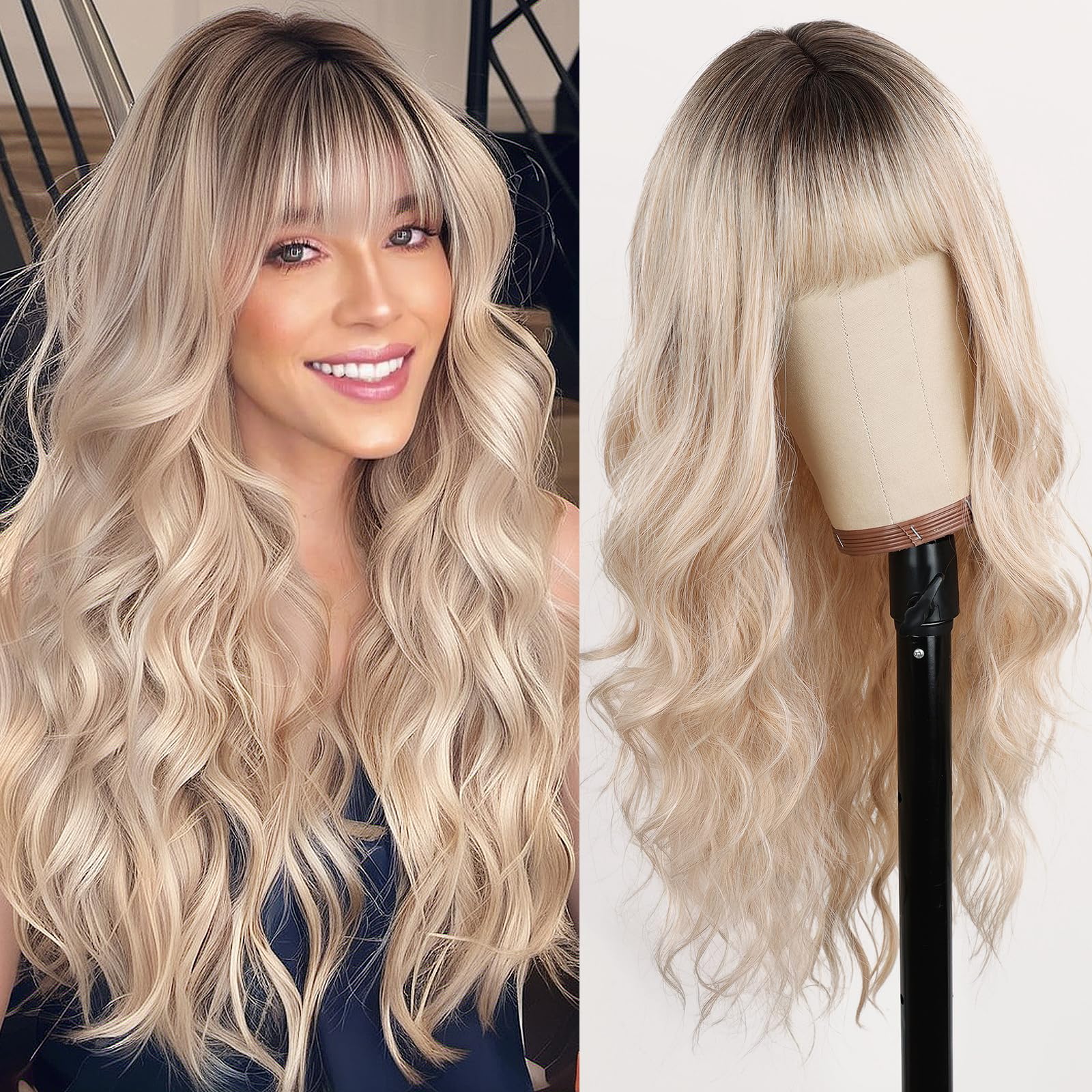 ORSUNCER Curly Wavy Synthetic Wigs with Bangs for Women Ombre Cool Brown to Light, Long Heat Resistant Blonde Hair Wigs for Daily Party 26 Inches