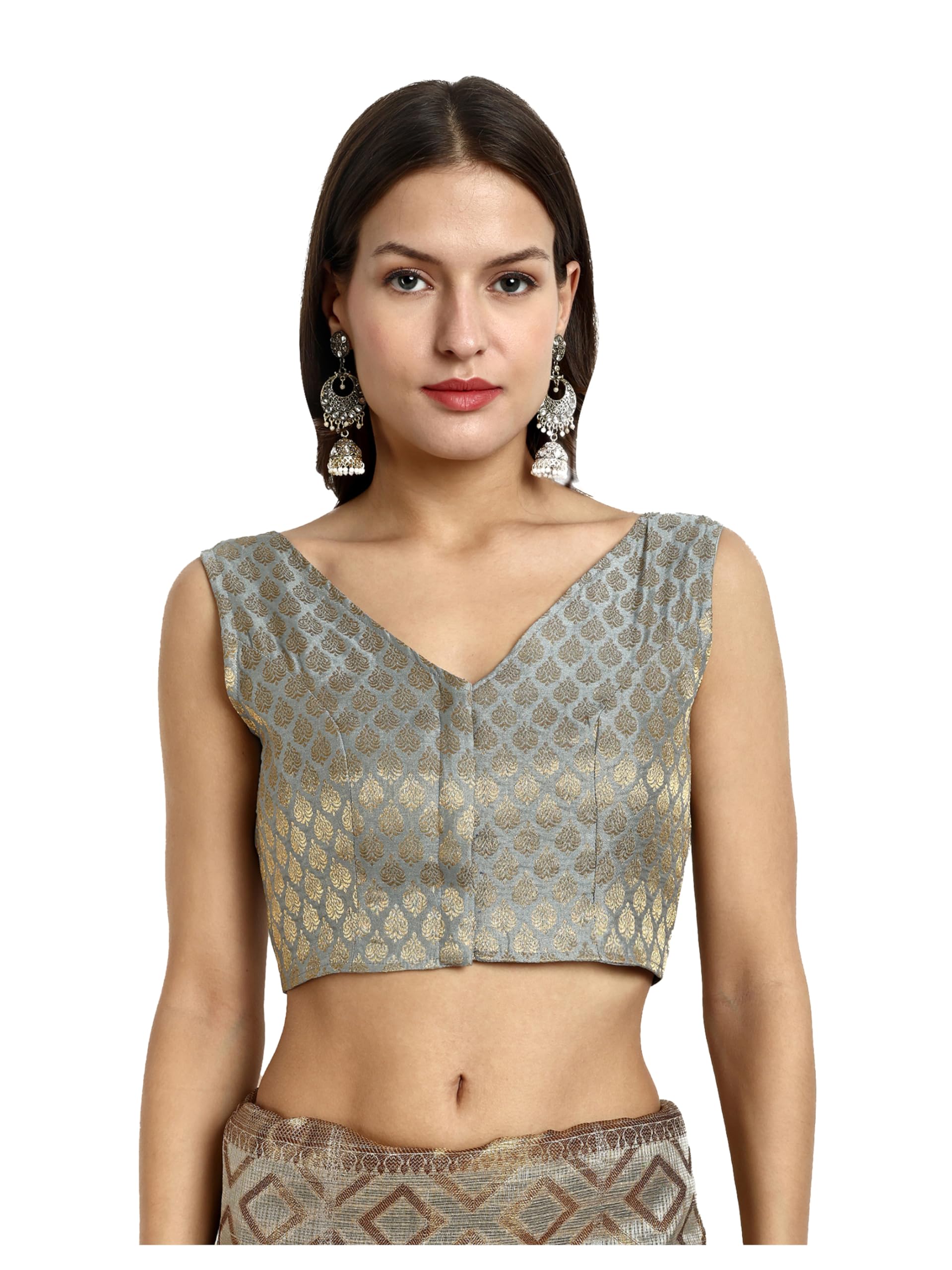 Vardha Women's Readymade Brocade Sleeveless Saree Blouse (B16_42)