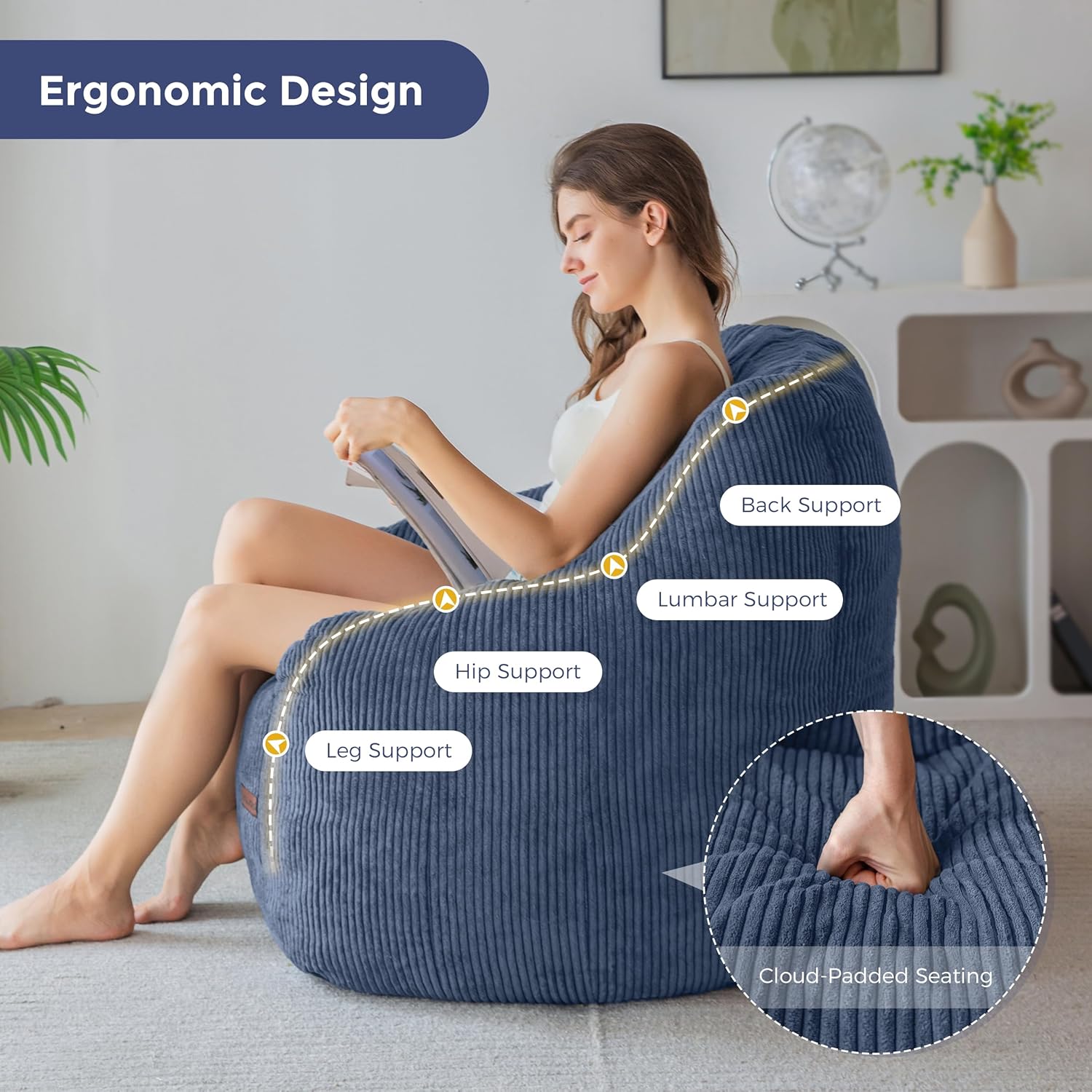 MAXYOYO Bean Bag Chair, Bean Bag Sofa with Filler, Cozy Living Room Chair for Adults and Kids, Stuffed Floor Sofa for Bedroom Dorm Reading, Dusty Blue