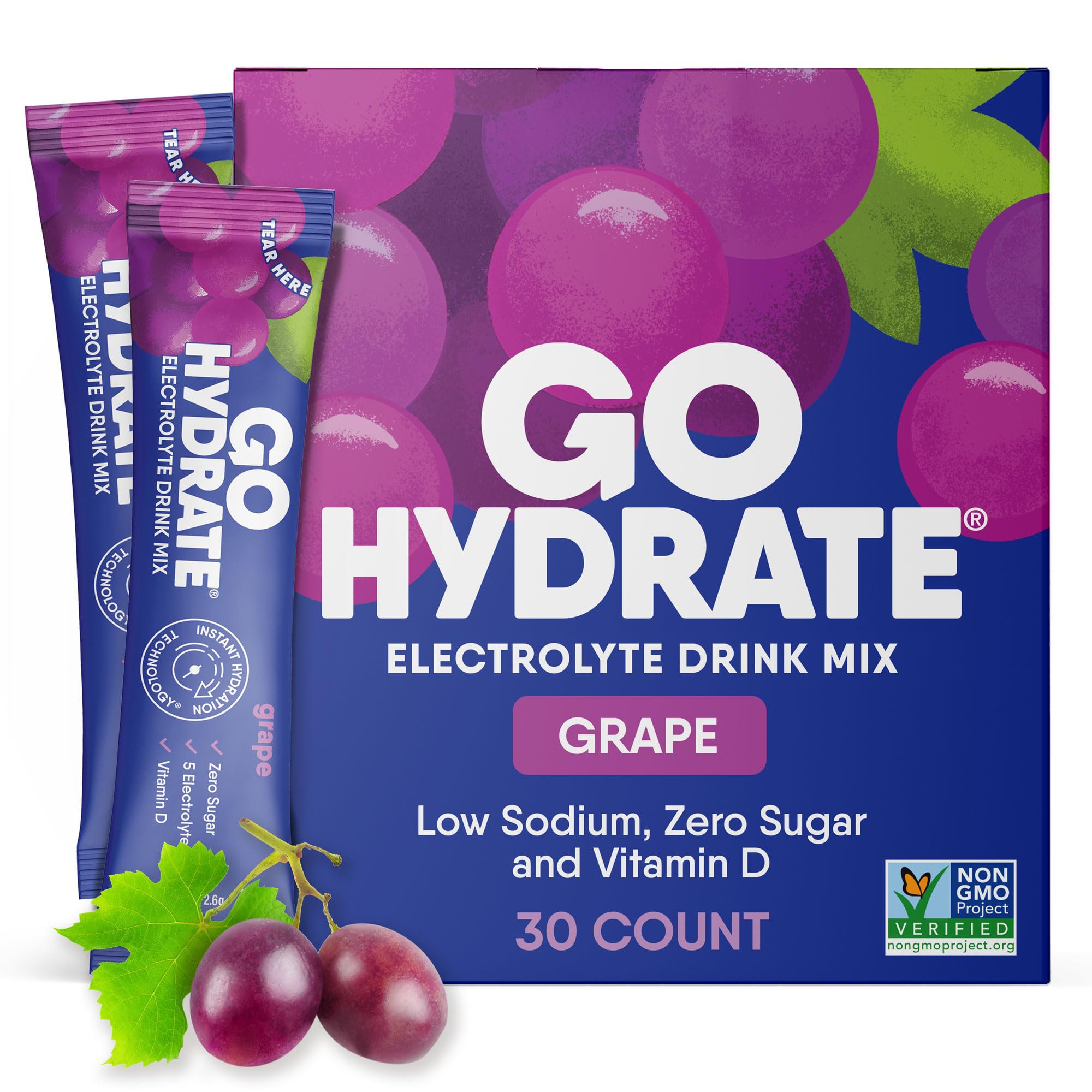 GoHydrate Instant Hydration Powder Packets - Low Sodium Electrolytes Drink Mix - Natural Hydration Support, Sugar Free Electrolyte Flavored Powder Drink with Vitamin D, 30 Packs, Grape