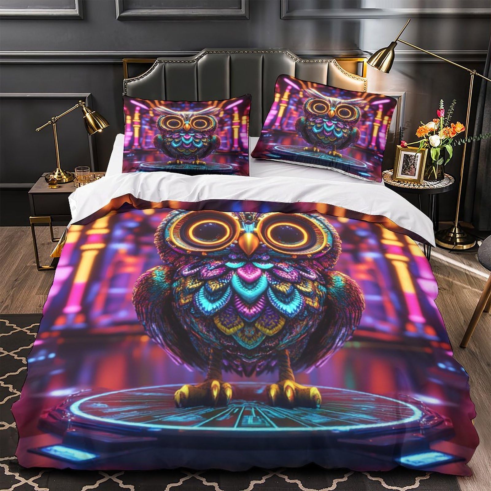 Housse de couette 260x220 anti-tache motif hibou futuriste lavable en machine pour lit adulte